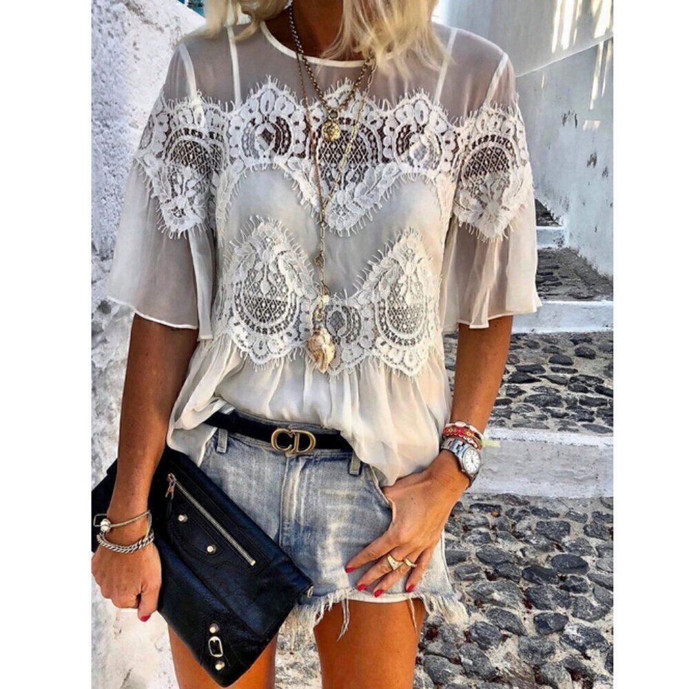 Women's Stylish Lace Mesh round neck Design Summer blouse Top -white